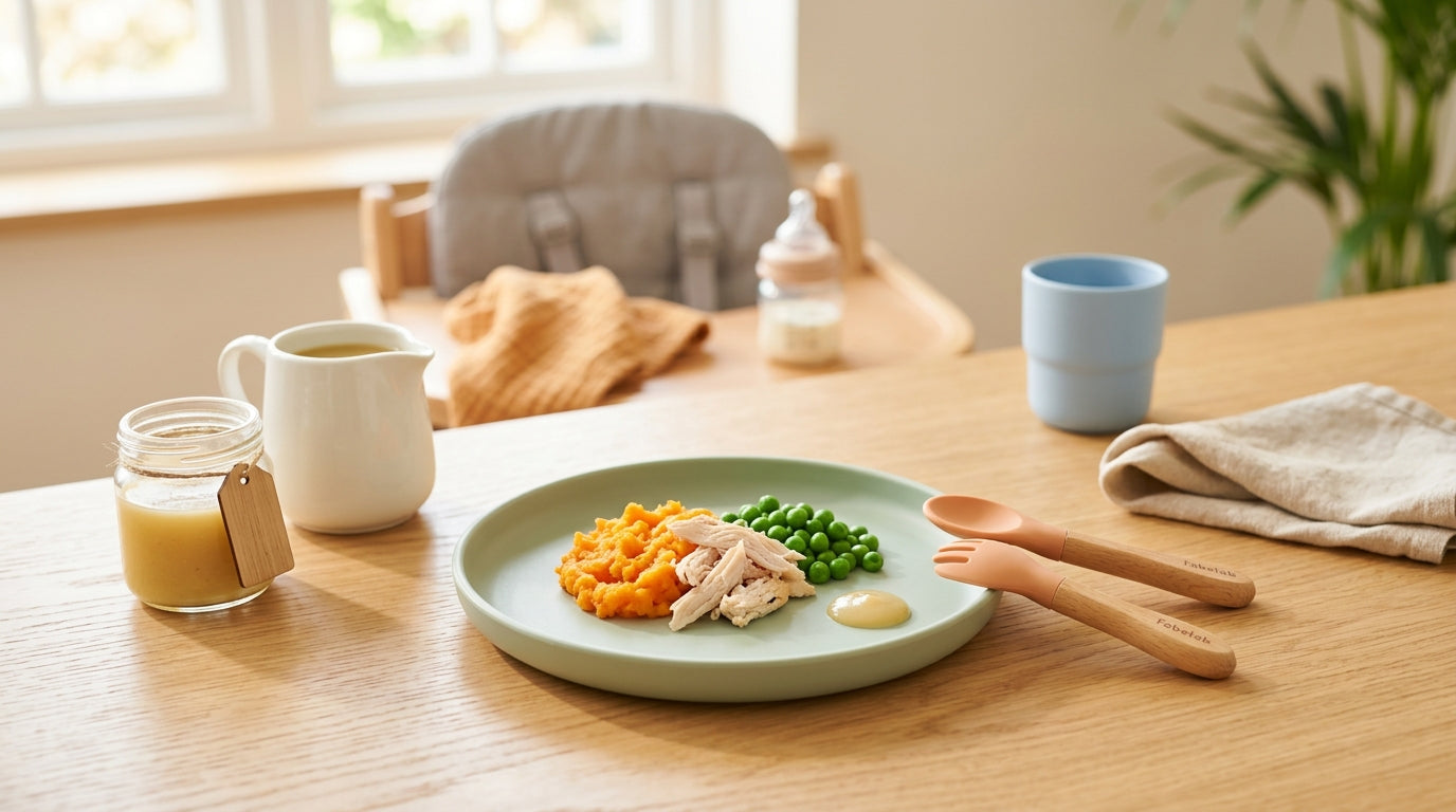 Messy baby eating a roast dinner without salty baby gravy