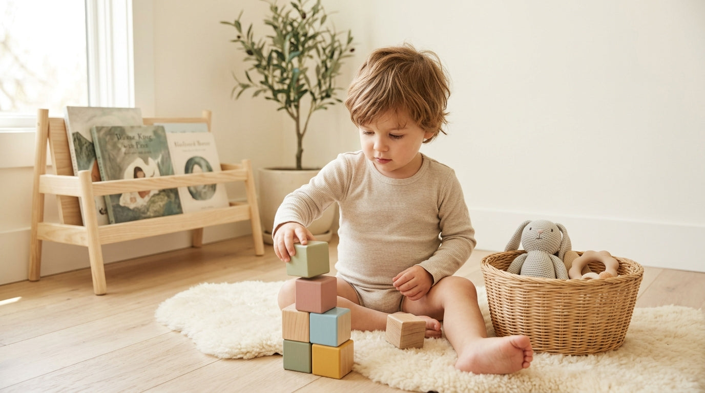 A toddler playing with wooden toys on a mat instead of doing sports drills.