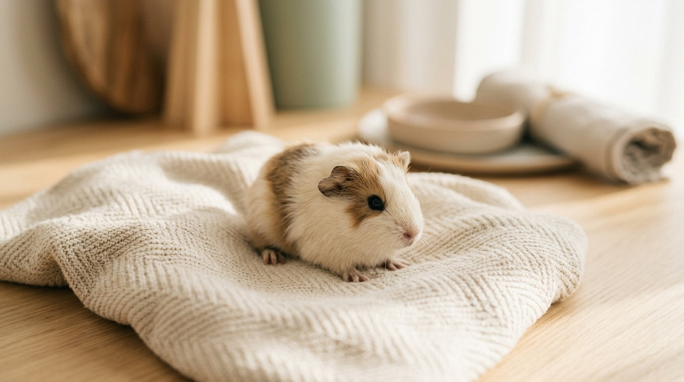 A small baby guinea pig resting near a toddler's hand