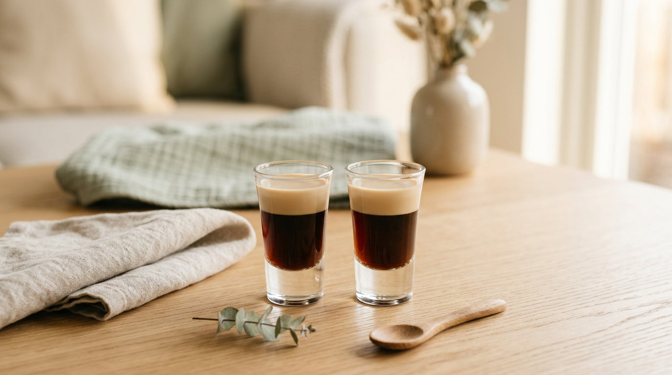 Two tiny baby guinness shots sitting on a kitchen counter next to a baby monitor