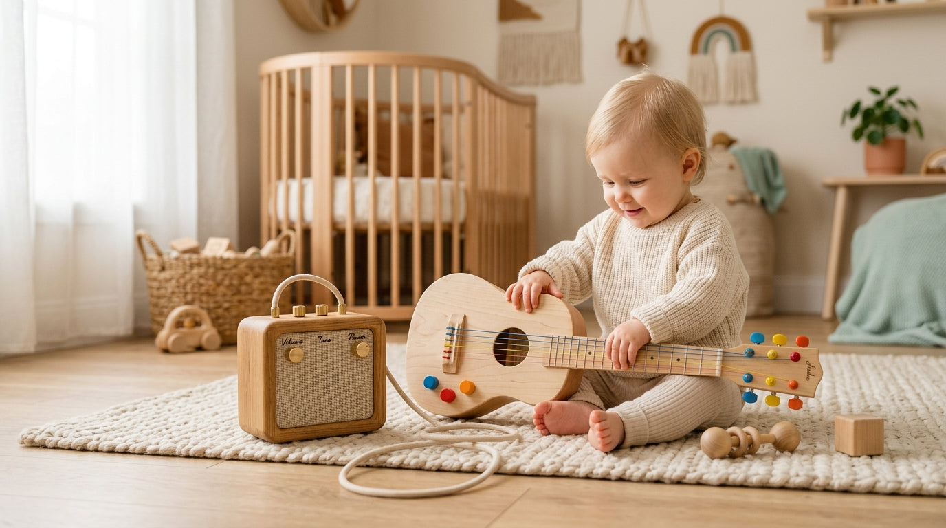 Portland dad playing acoustic guitar while 11-month-old baby chews on a wooden toy