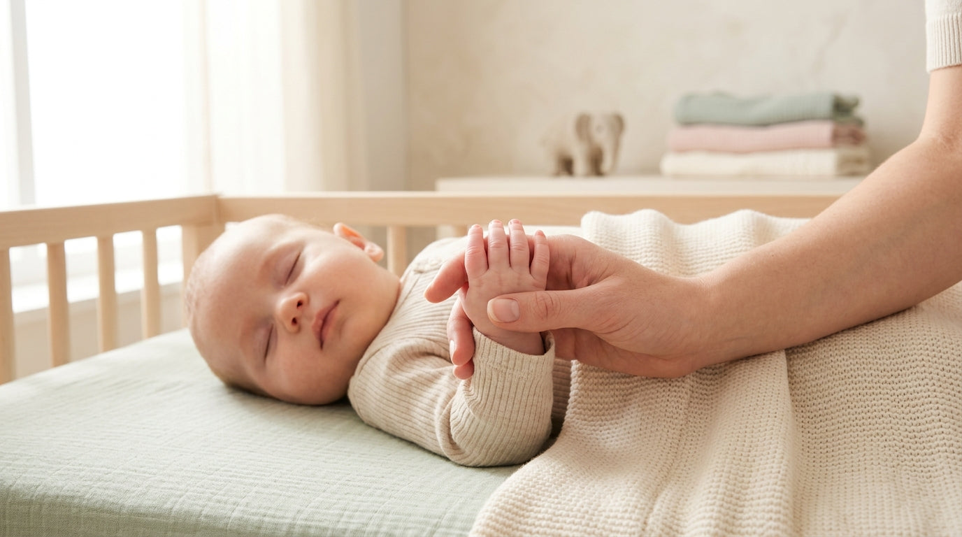 A close-up of a mother holding her newborn infant's tiny clenched fist