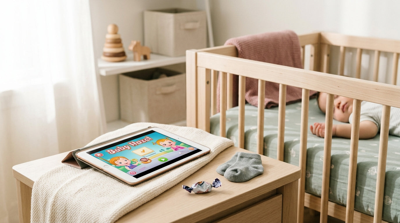 Toddler playing a baby hazel app on an iPad in the dark bedroom