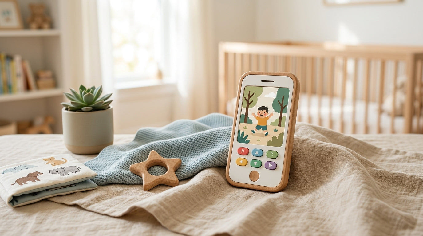 A toddler playing with wooden building blocks on a rug instead of an iPad