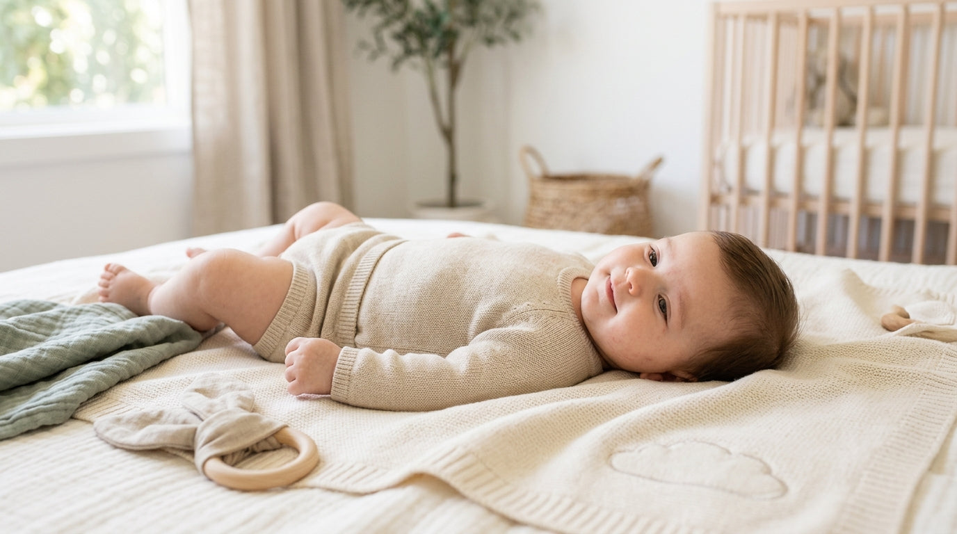Mom looking closely at red heat rash bumps on her sweating baby