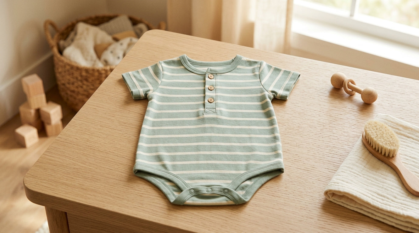 A stressed mom holding a baby henley romper over a pile of laundry.