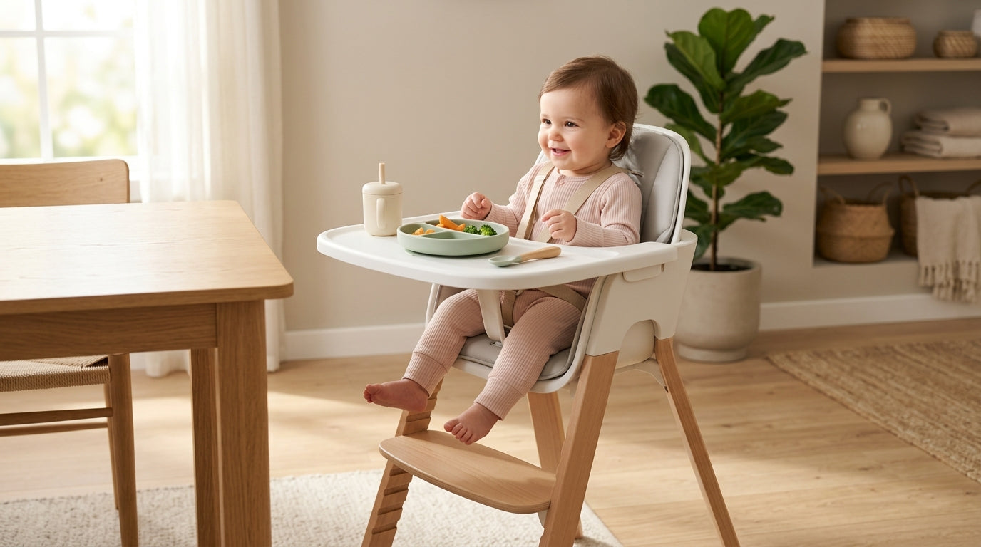 A wooden baby high chair covered in an unidentifiable orange food puree