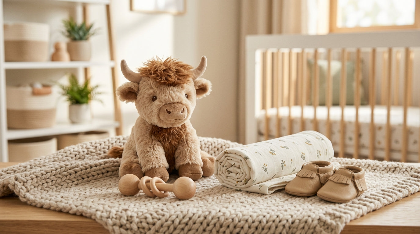 A nursery filled with shaggy cow decor and baby teething toys