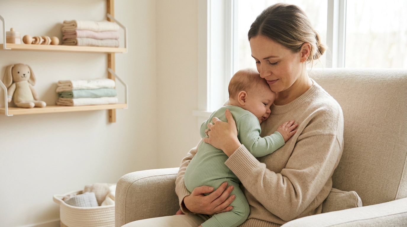 Exhausted dad staring at a laptop spreadsheet while holding a crying baby
