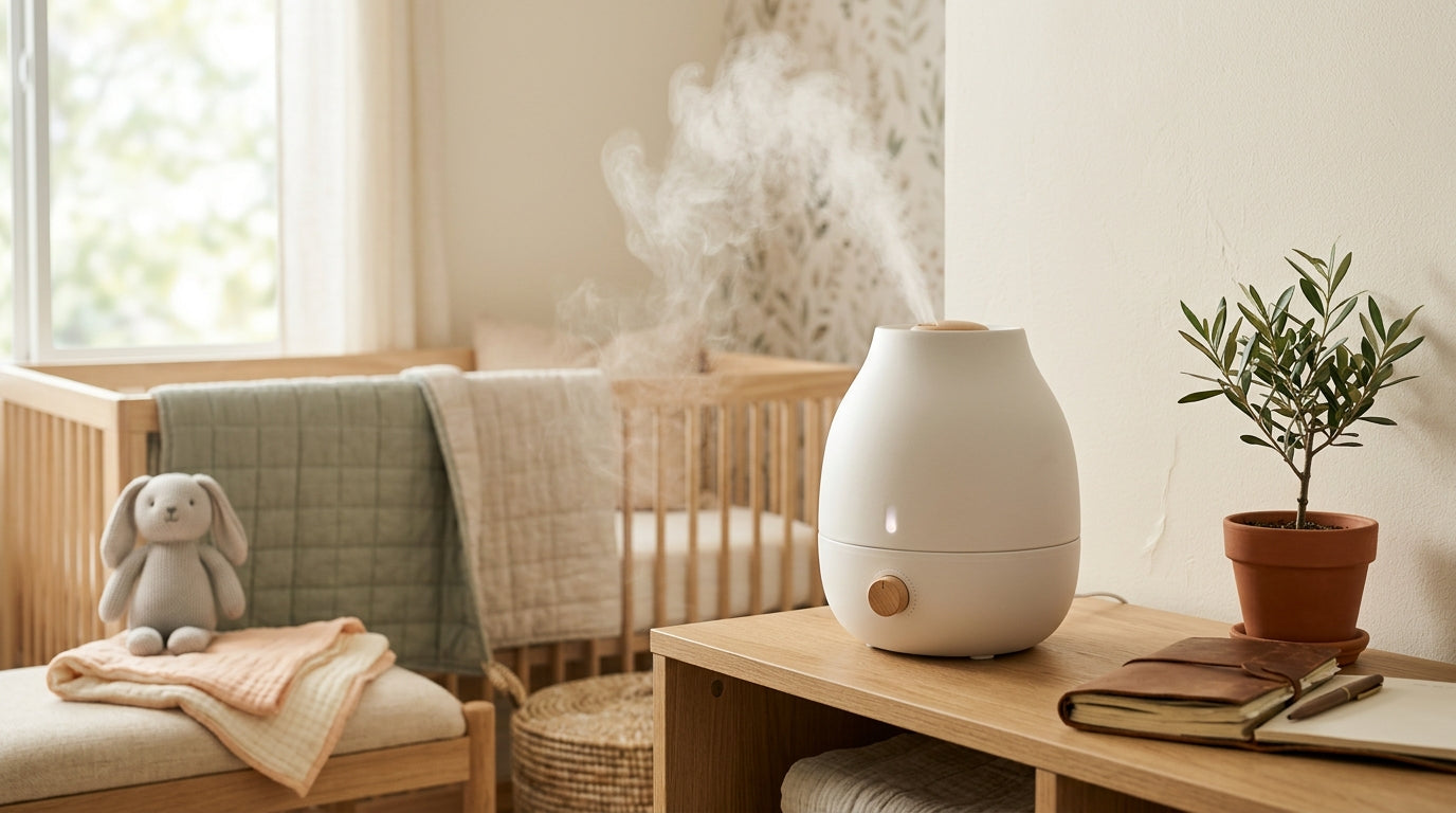 A slightly calcified cool mist humidifier sitting on a wooden dresser next to a stack of baby blankets