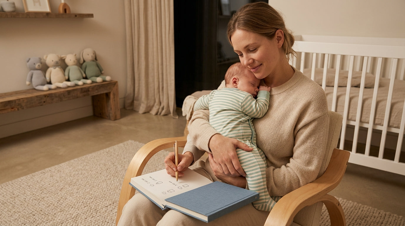 Exhausted mother holding crying baby while standing in a dark nursery
