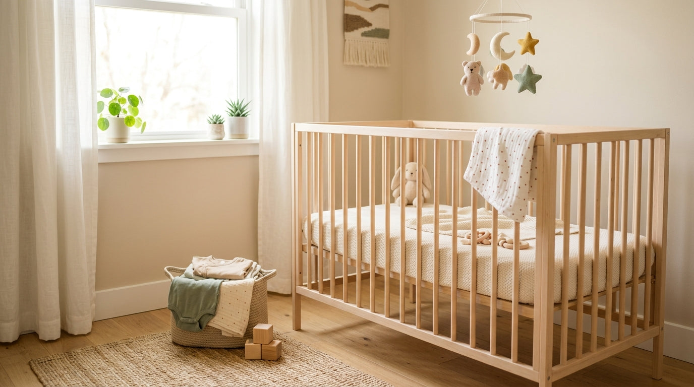 An exhausted mom sitting on the nursery floor holding a crying newborn baby in the middle of the night.