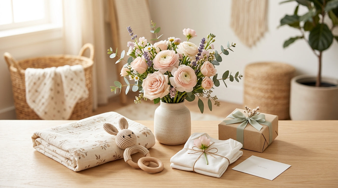 A tired dad holding a blue floral baby blanket surrounded by party decorations