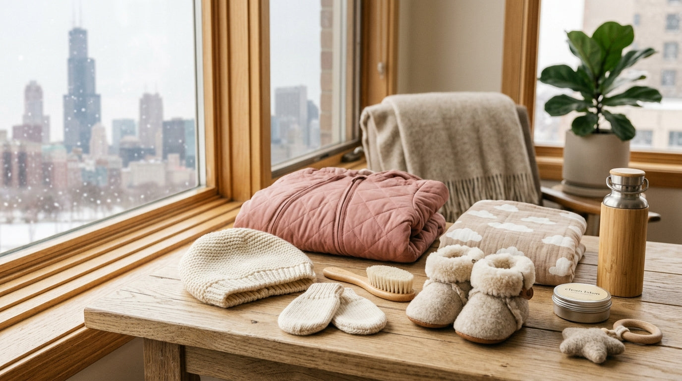 Baby bundled in winter layers looking out a frosty window
