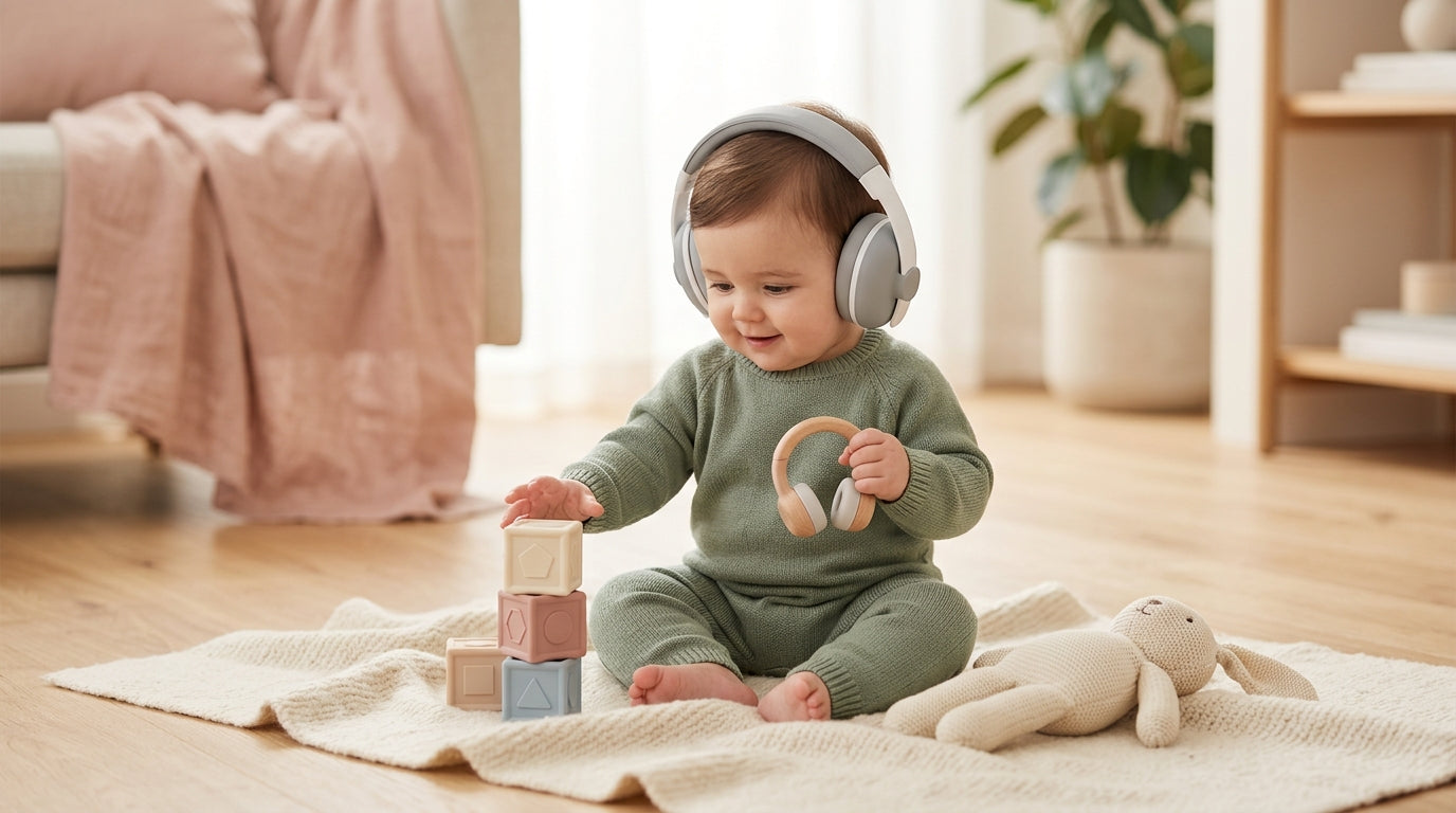 A tired mom holding a baby wearing noise canceling earmuffs at a loud wedding reception.