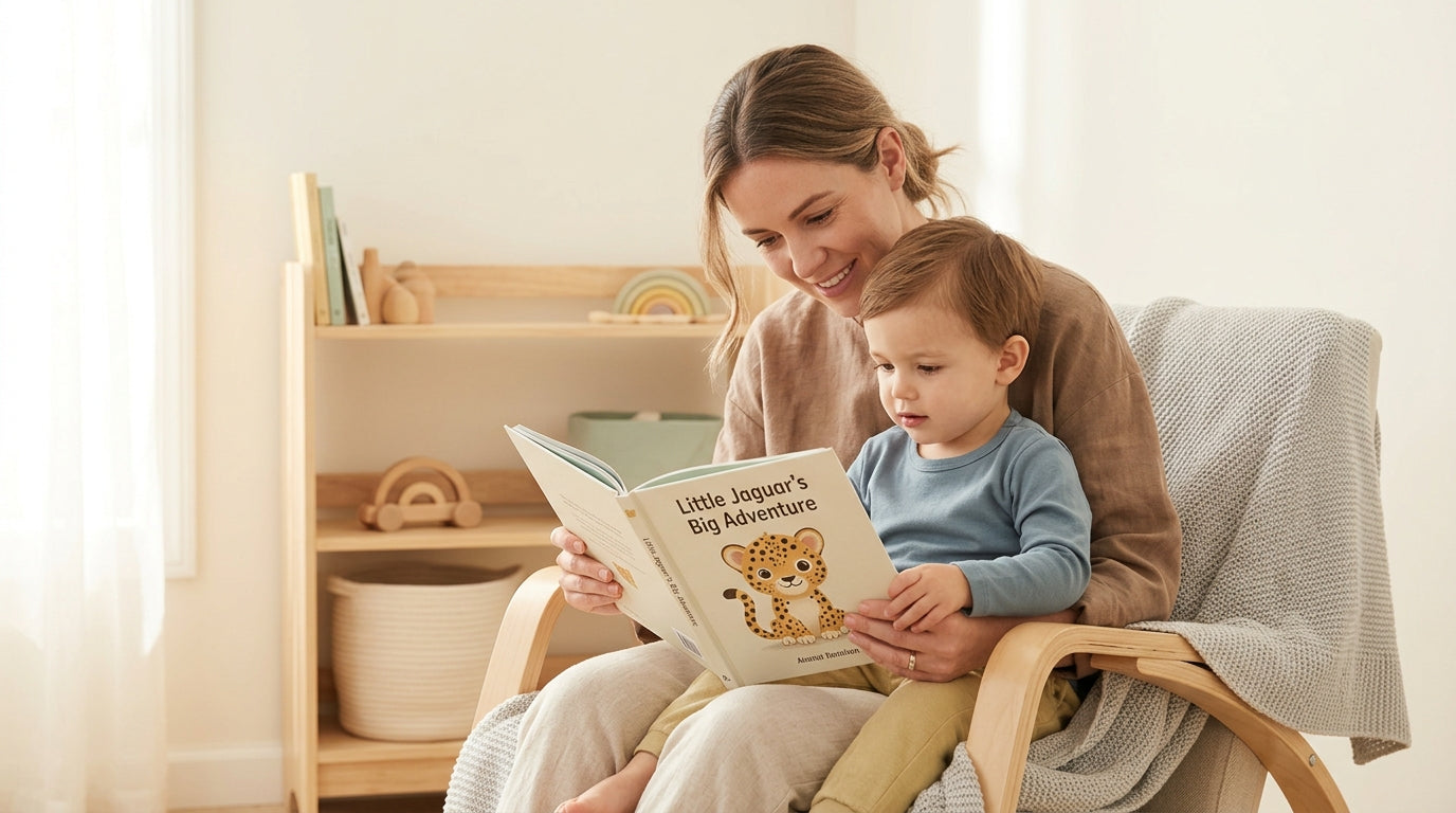 Toddler reading a jungle animal book on a cotton playmat
