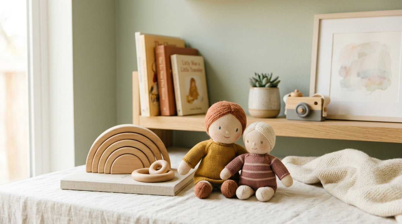 A tired mom holding a coffee mug while kids play with wooden blocks on a rug