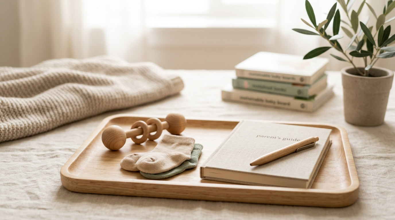 Colorful baby jeeter tubes next to organic baby teething toys on a wooden table