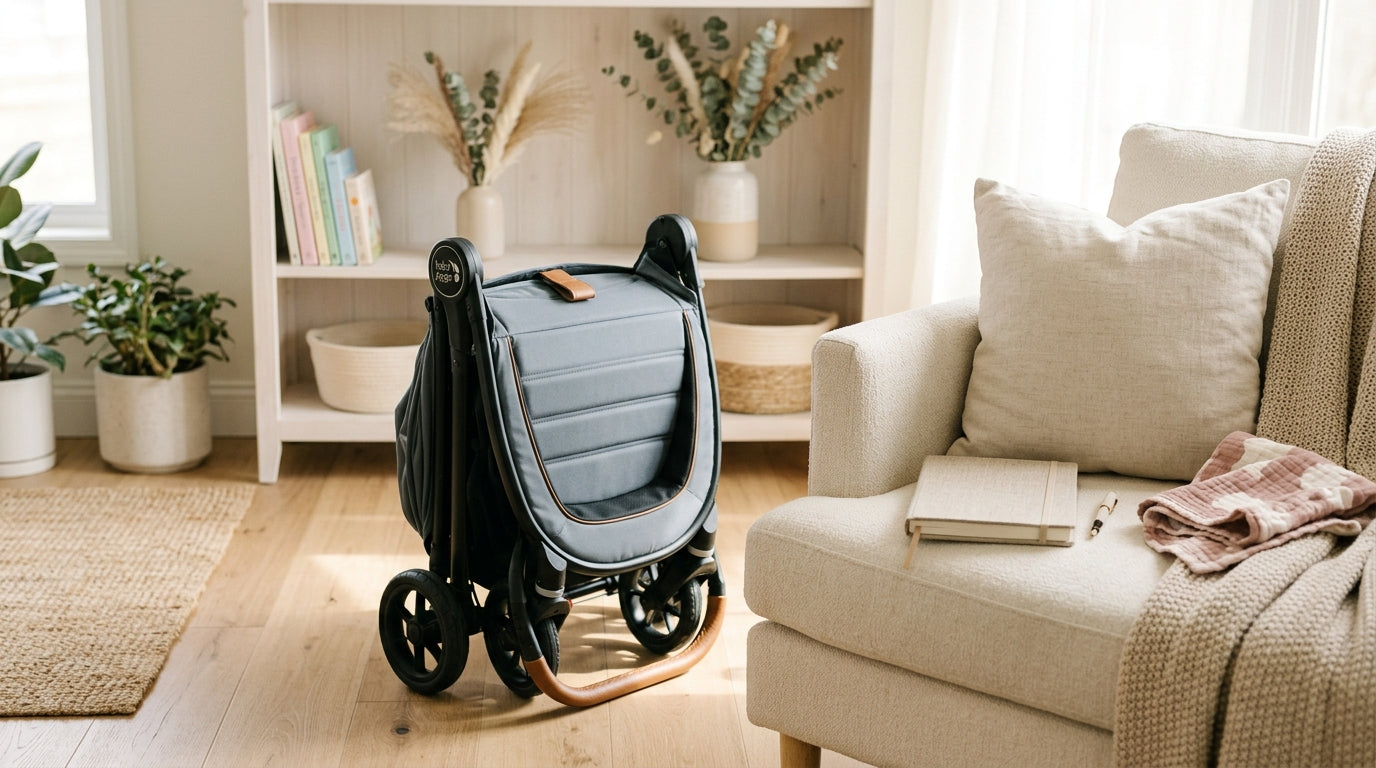 Close up of a stroller wheel on a muddy Portland sidewalk
