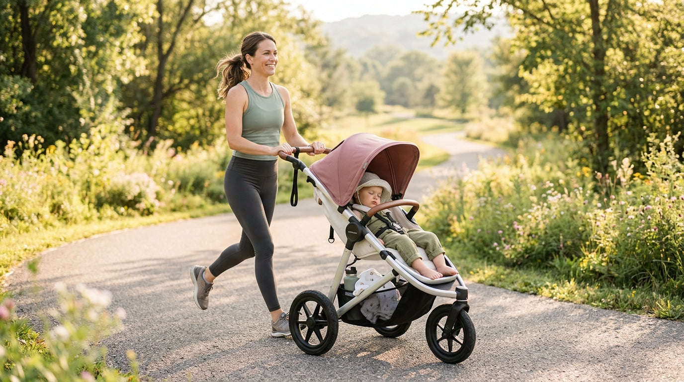 Organic cotton retro baby joggers with contrast trim lying flat on wood table