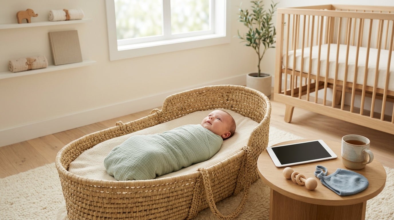 A tired dad holding a wooden baby gym while staring blankly at a tablet screen
