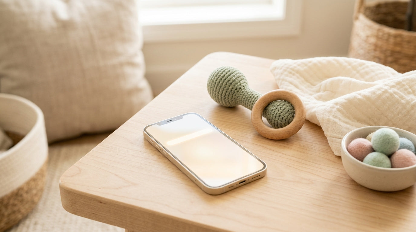A locked safe box sitting next to a baby monitor on a wooden table.