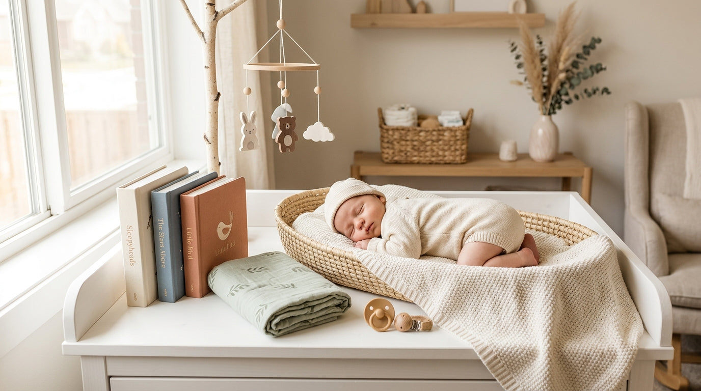 Exhausted mother holding a newborn while looking at her phone in a dim room