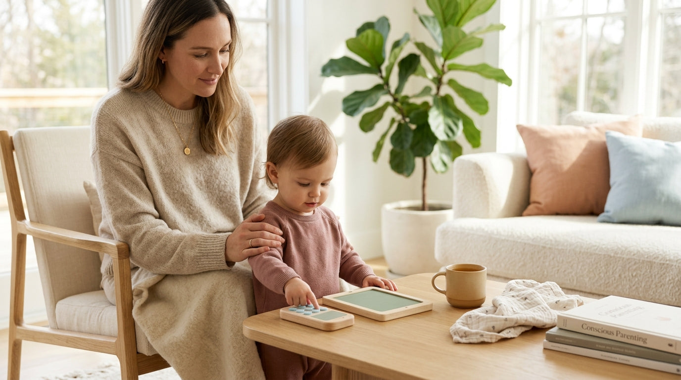 A mom holding a coffee mug while looking at a tablet with her son