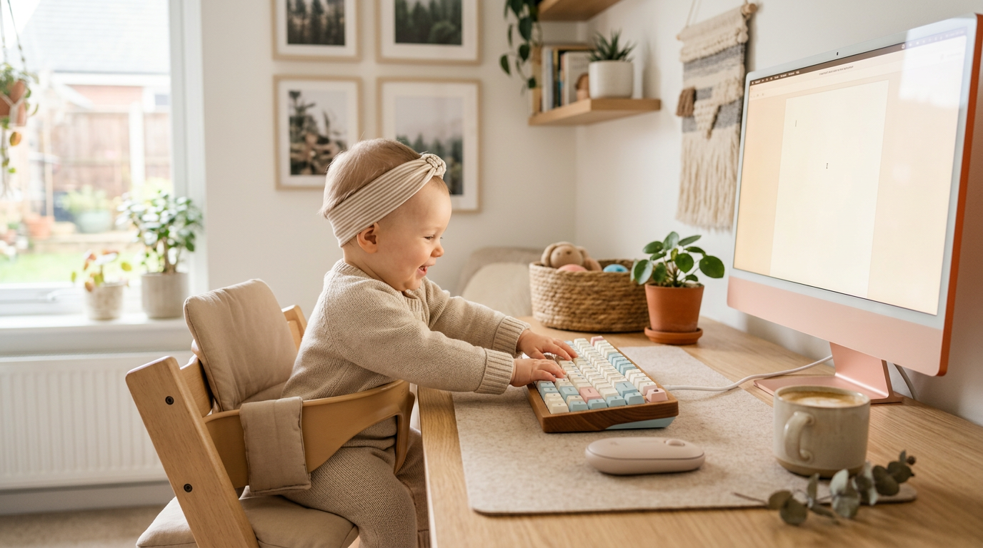 A baby pressing laptop keys while a tired dad drinks cold coffee