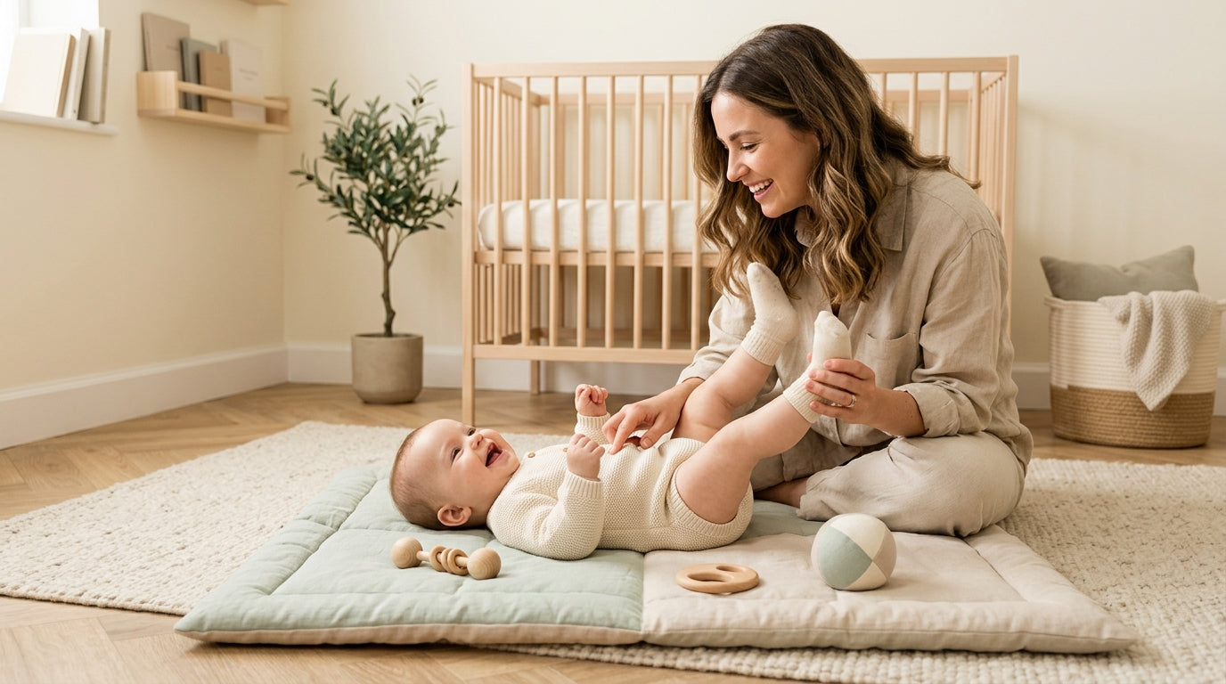 Toddler playing with physical building blocks on a rug