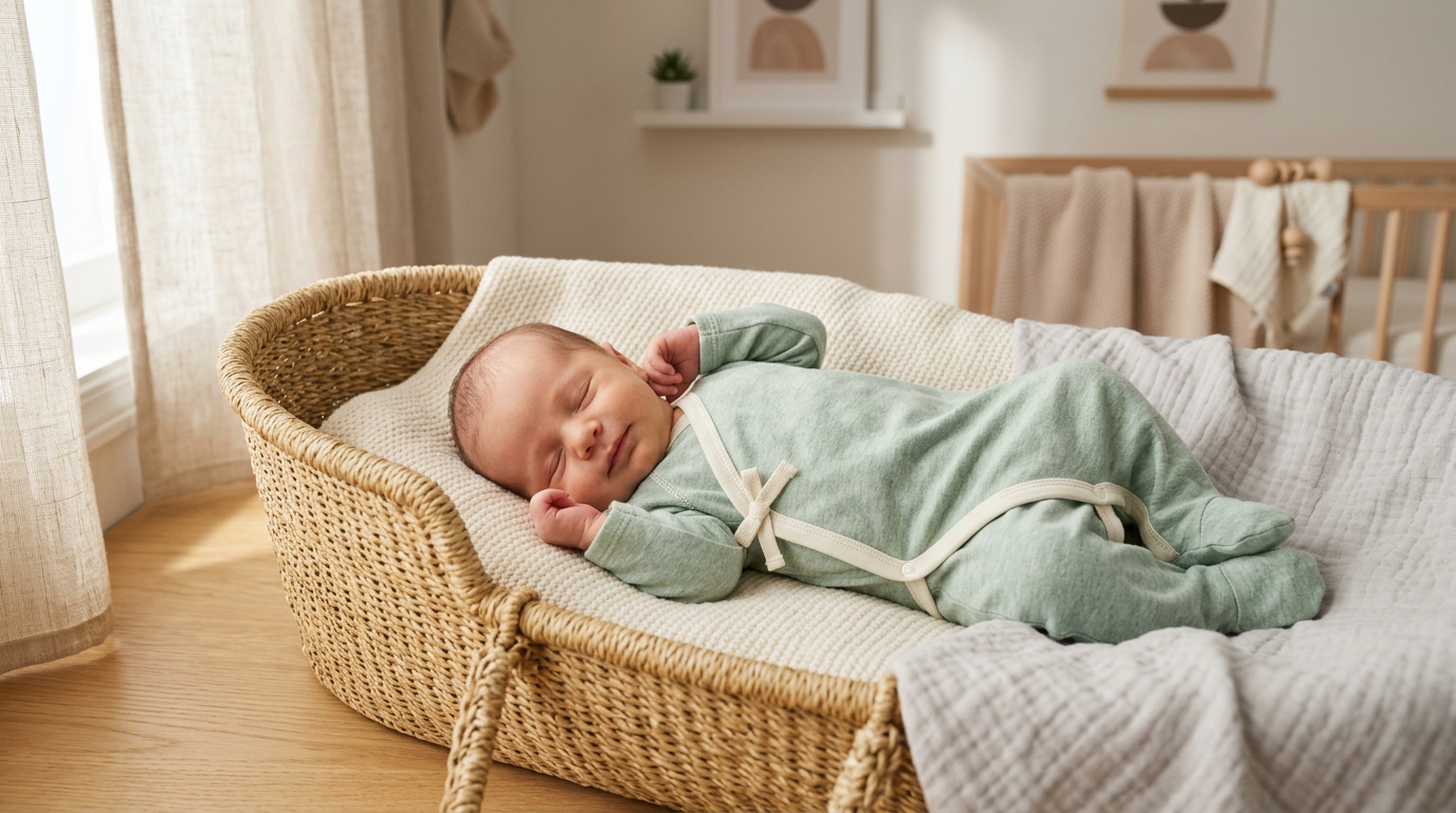 A soft organic cotton wrap-style baby kimono bodysuit laid flat on a changing table ready for a newborn