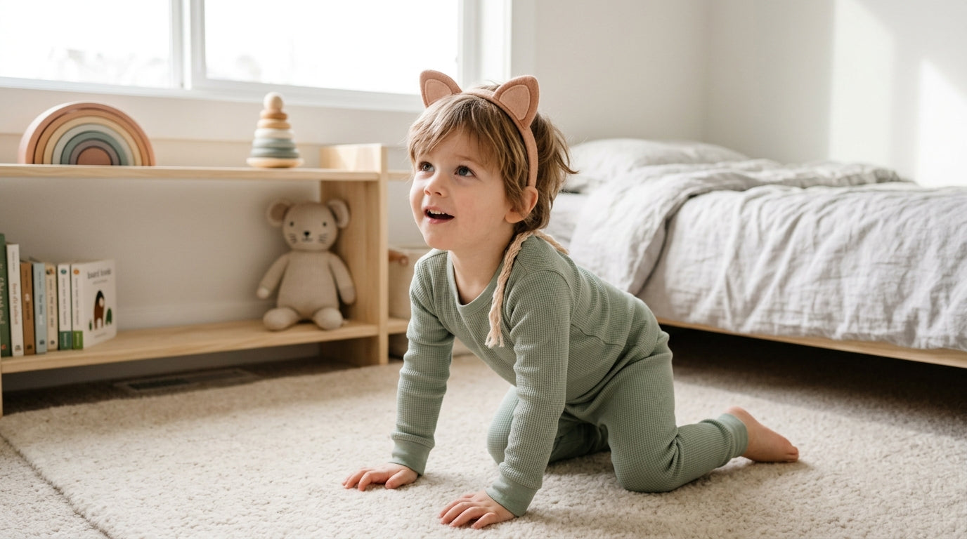 An 11-month-old baby crawling on the living room floor looking for a dropped cracker.