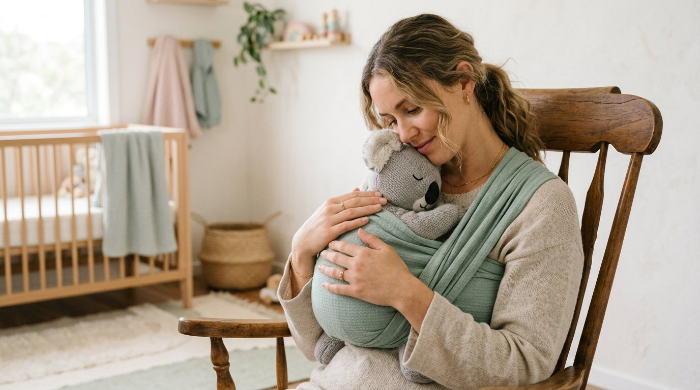 A tired mom babywearing her sleepy infant in a wrap carrier in the kitchen.