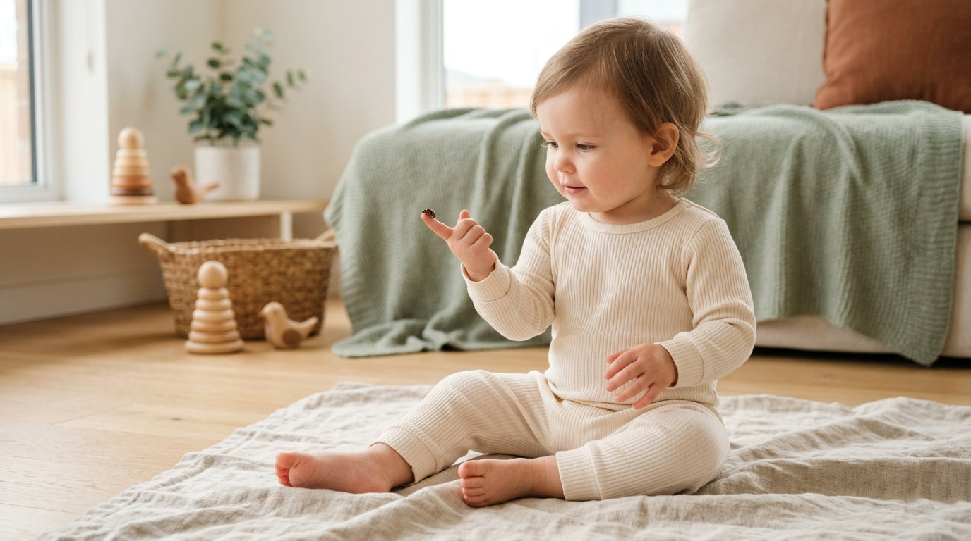 A toddler sitting in the grass looking very closely at a tiny bug on a leaf.
