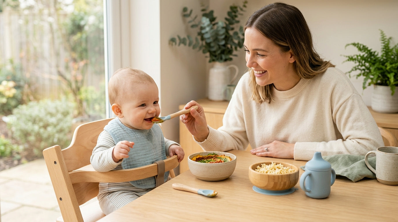 An 11-month-old baby making a massive red mess while eating baby lasagna in a high chair.