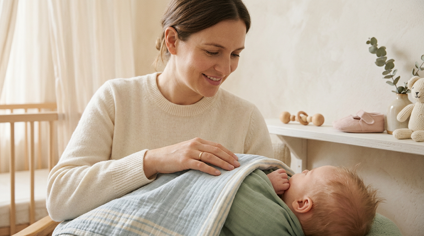 A wooden baby play gym set up in a cozy living room