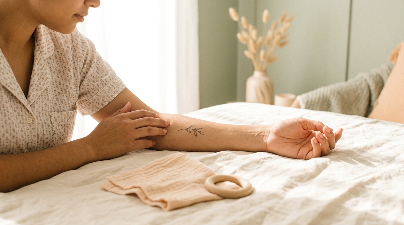 A delicate floral baby loss tattoo on a mother's inner forearm