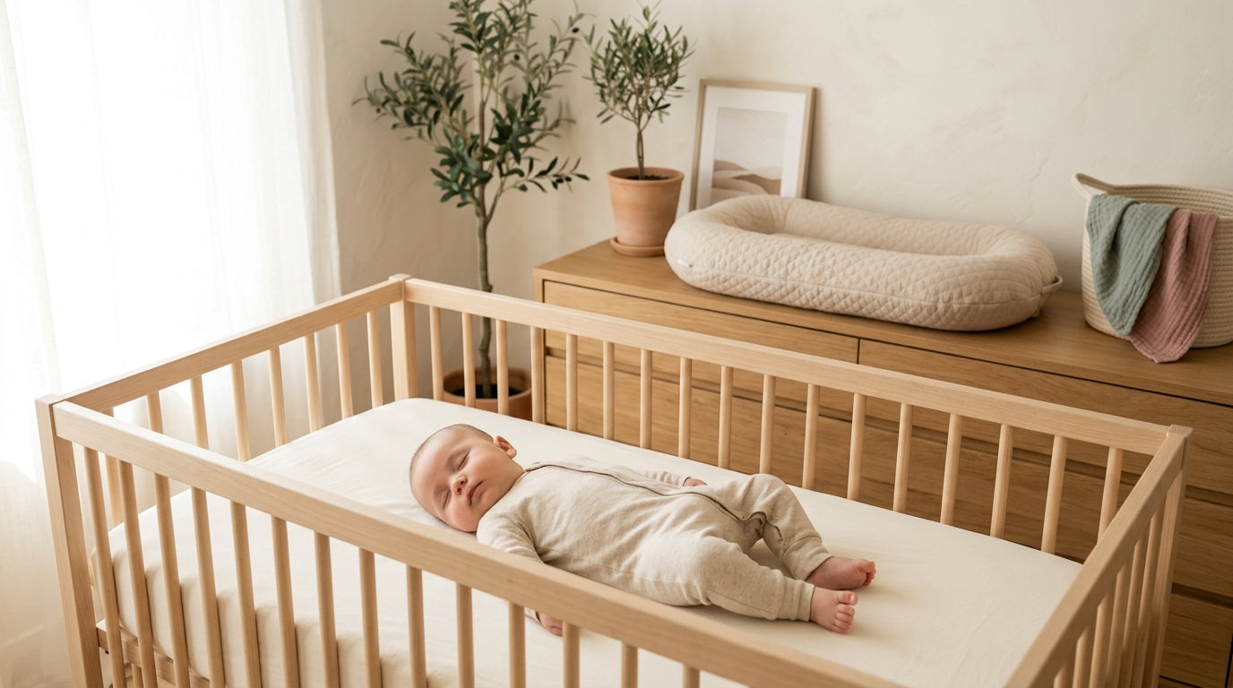 Mother looking concerned at a baby resting in a plush newborn lounger pillow