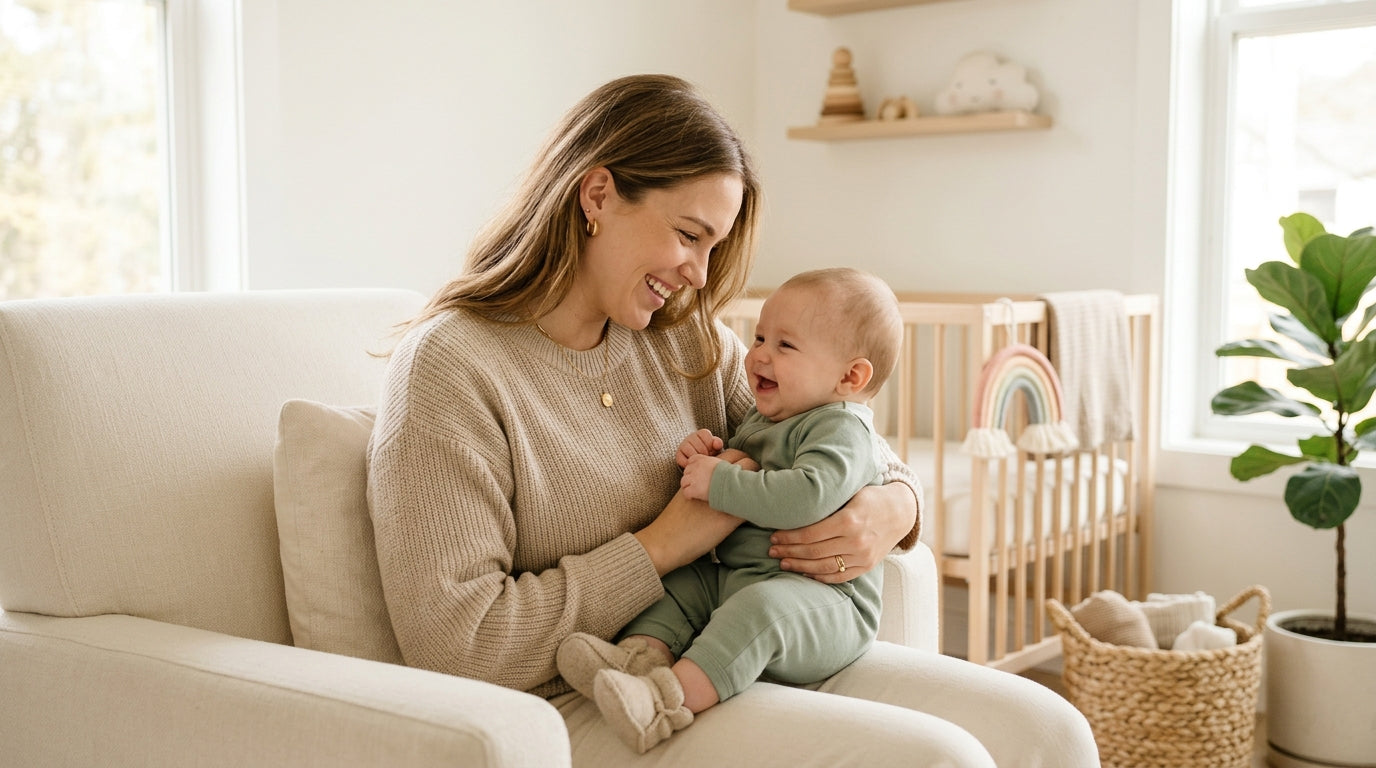 Jess holding a wooden baby gym while her infant plays on a blanket.