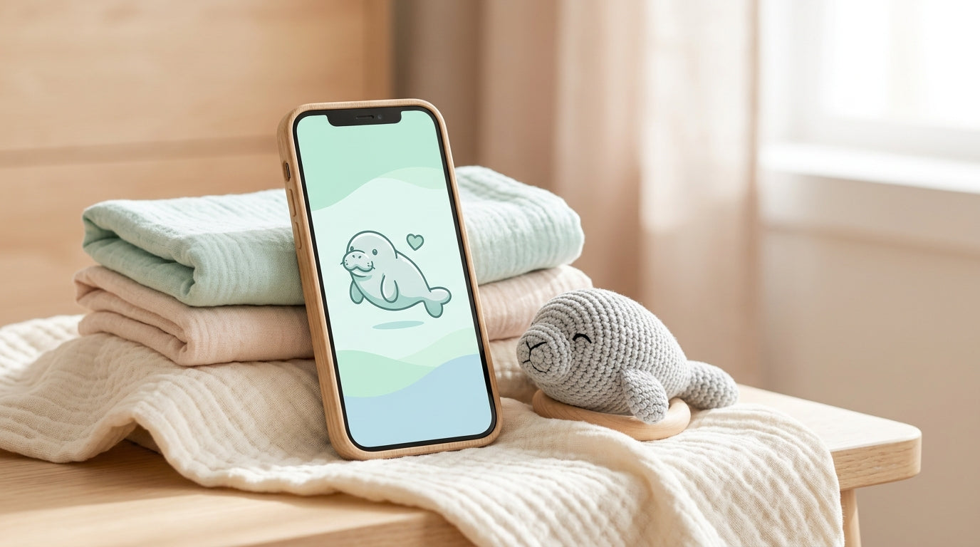 Maya watching a baby manatee video on my phone while holding her silicone panda teether