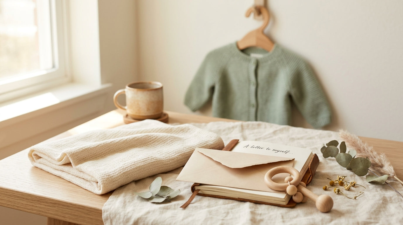 A tired mother looking at her phone in a dimly lit nursery while her baby sleeps.