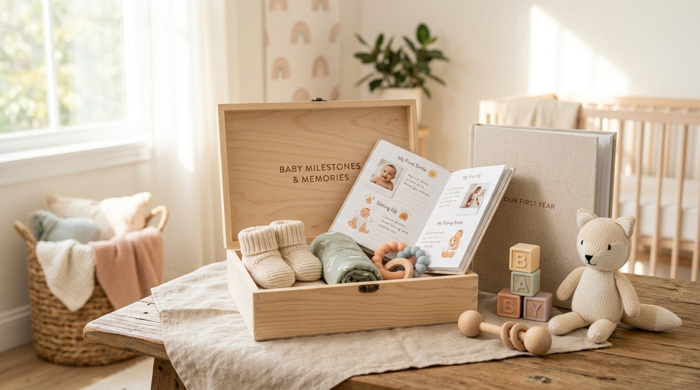 Twin baby reaching for a wooden hanging toy while lying on an organic cotton playmat.