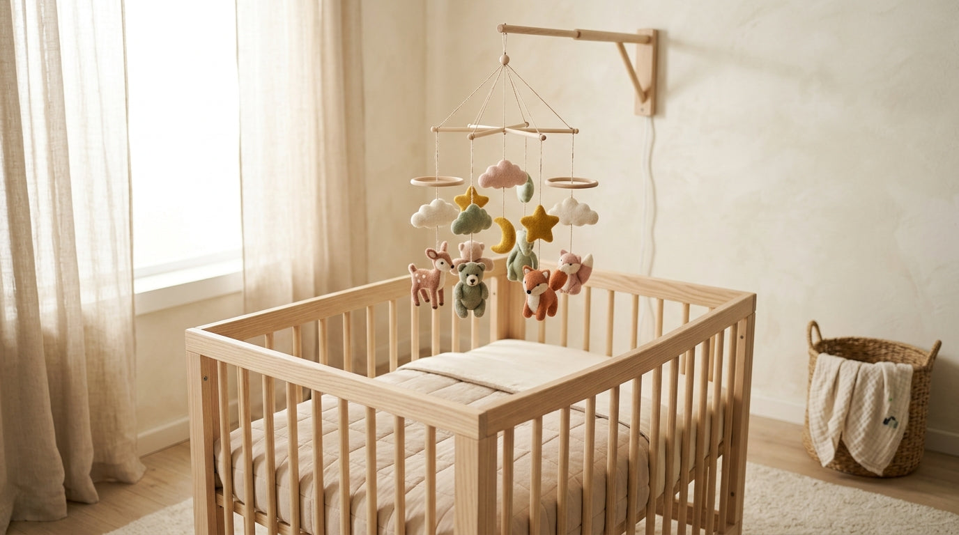 A wooden cot mobile with high-contrast shapes hanging out of reach of a baby