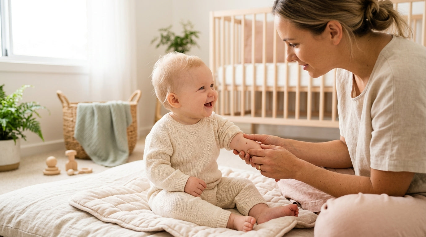 Mom checking a tiny brown spot on her infant's leg during a diaper change