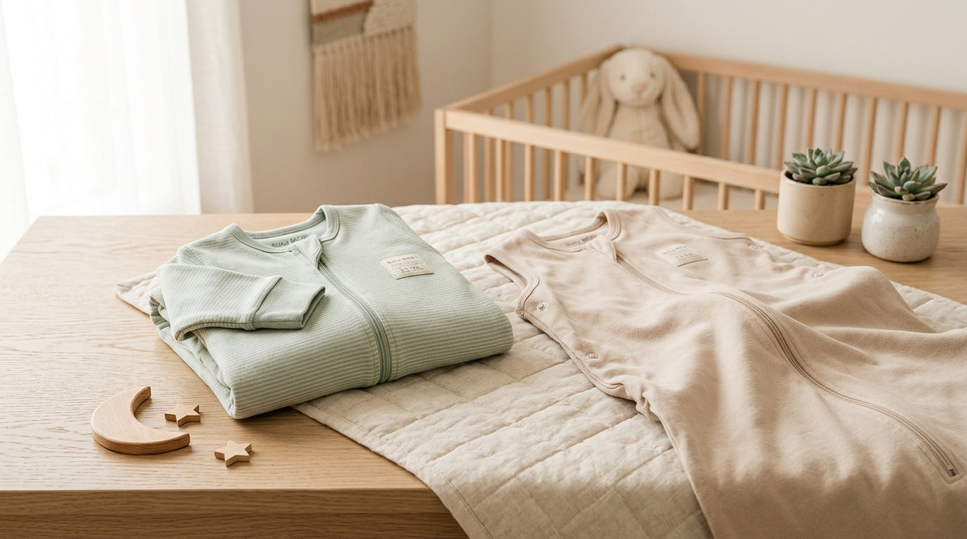 Tired dad examining a bamboo baby sleep sack in a dark nursery