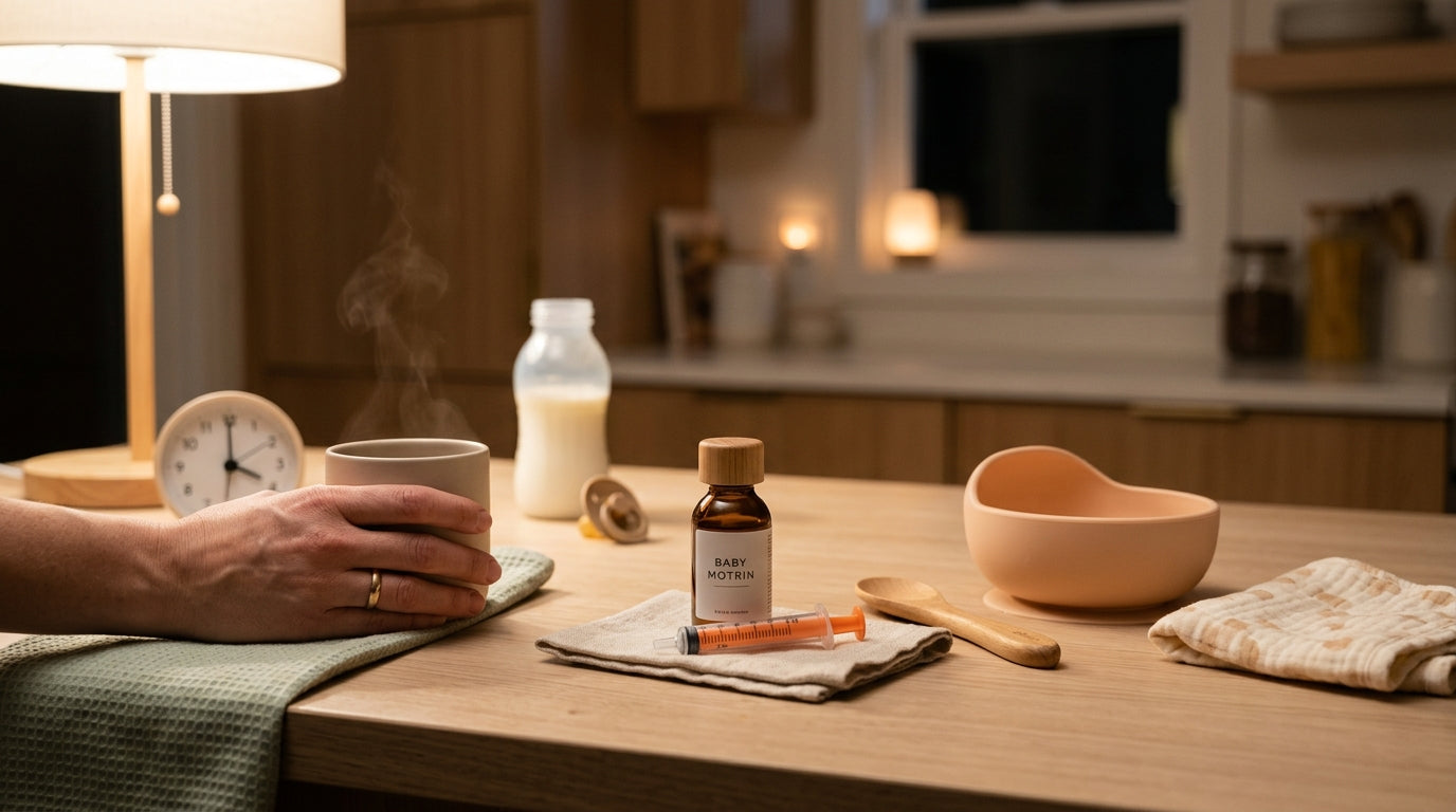 Tired dad holding a dosing syringe and baby medicine bottle under dim kitchen lighting.