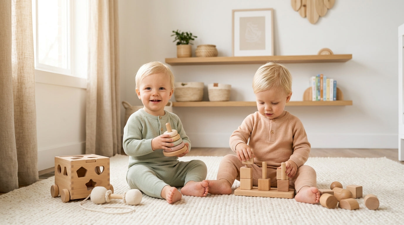 Tired dad sitting on a rug while twins bang wooden toys against a play gym