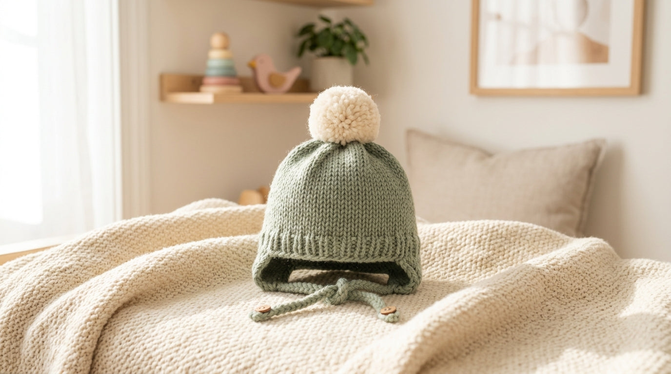 A confused dad holding an 11-month-old baby in a thick winter hat.