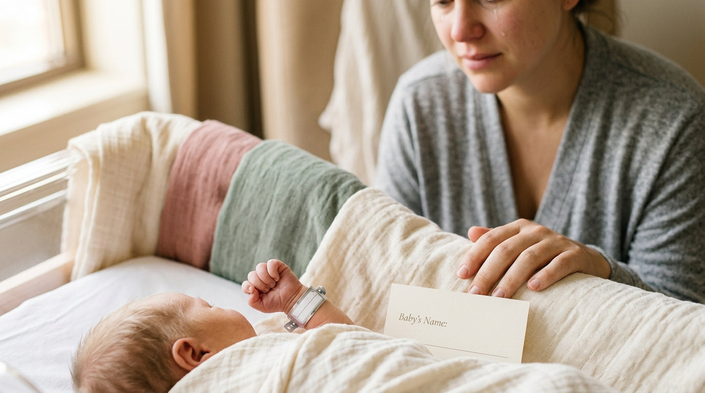 Exhausted mom in a messy living room looking at baby name lists on her phone.