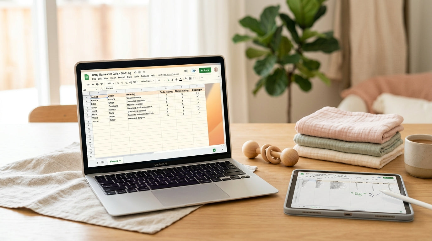 Tired dad looking at a laptop spreadsheet while holding a baby